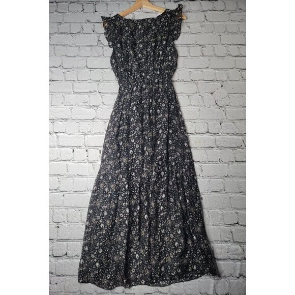 Le Ragazze Silk Black Small Floral Print Tiered Hem Ruffle Sleeve Maxi Dress Med - Picture 7 of 11